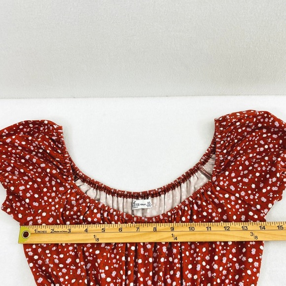 Hollister Prairie Dress Womens XS Rust Red Ditsy Floral Puff Sleeve Tiered Boho - Picture 4 of 11